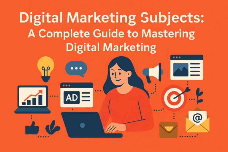 Digital marketing subject guide illustration on orange background.