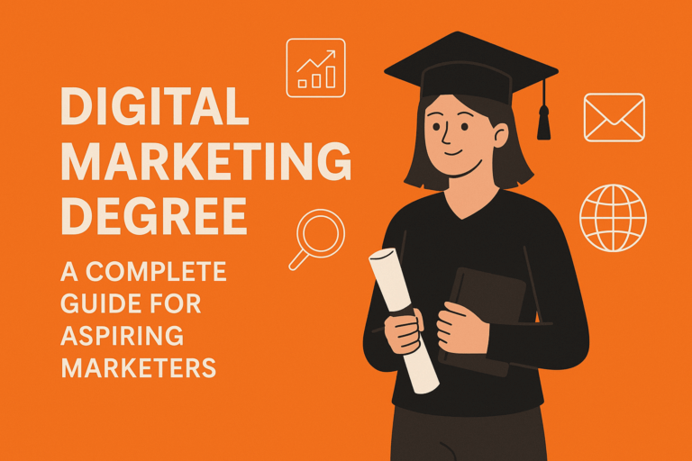 Illustration of a female graduate holding a diploma, surrounded by digital marketing icons like charts, email, and globe on an orange background, representing a complete guide to digital marketing degrees.