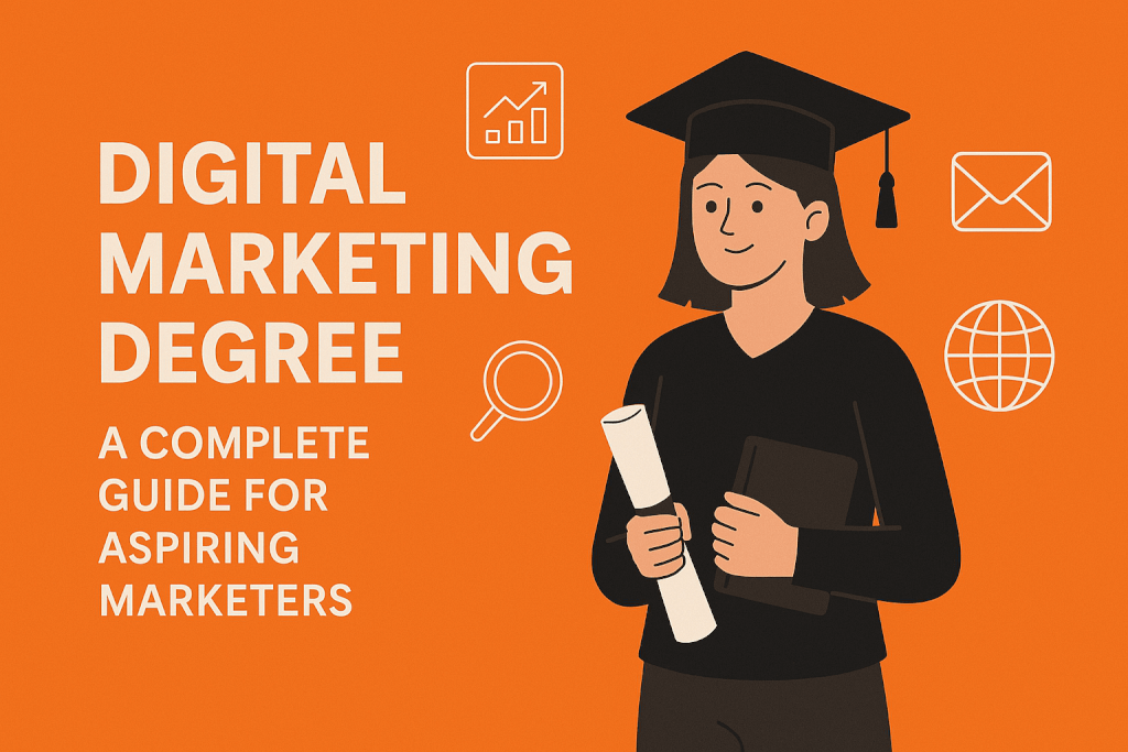 Illustration of a female graduate holding a diploma, surrounded by digital marketing icons like charts, email, and globe on an orange background, representing a complete guide to digital marketing degrees.